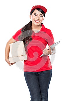 Happy Female delivery service with clipboard