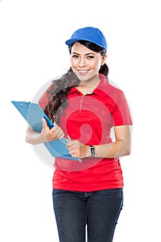 Happy Female delivery service with clipboard