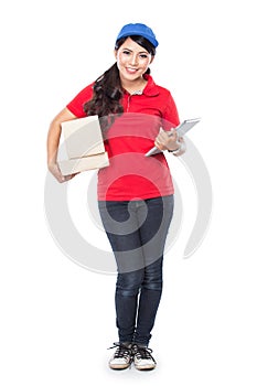 Happy Female delivery service with clipboard