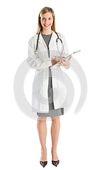 Happy Female Doctor With Clipboard And Stethoscope