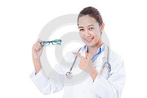 happy female doctor with glasses.