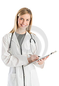 Happy Female Doctor With Stethoscope And Clipboard