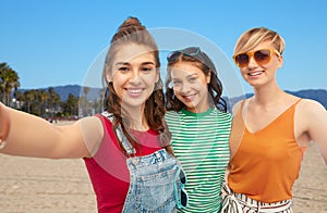 Happy female friends in sunglasses taking selfie