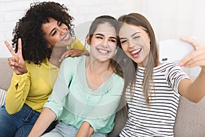 Happy female friends taking selfie, enjoing their time together