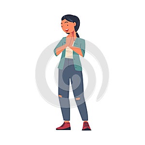 Happy Female Gasping in Amazement with Gratitude Looking Down at Something with Glad Face Vector Illustration