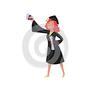 Happy female graduate taking selfie photo, smiling graduation student girl in gown and cap vector Illustrations on a