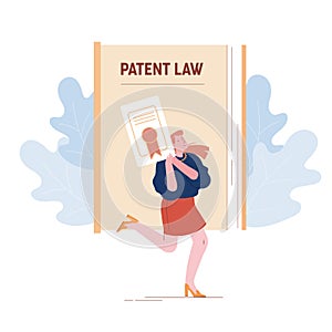 Happy Female Inventor or Author Character Holding in Hands Copyright Patent Law Certificate Document with Seal Stamp photo