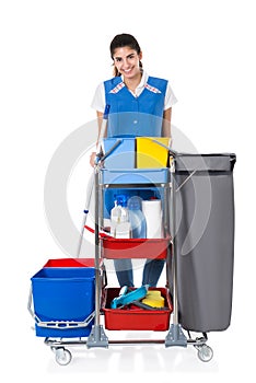 Happy Female Janitor Mopping By Trolley On White Background