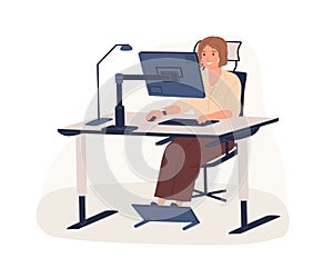 Happy female office worker sitting on chair at ergonomic workstation vector flat illustration. Modern woman working use