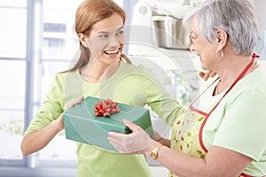 Happy female presenting mother with gift