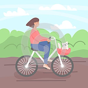 Happy female riding a bike with her cat. Happy woman enjoying her time with her pet. Vector illustration.