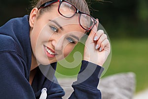 Happy Female Teenager Girl Young Woman Wearing Glasses