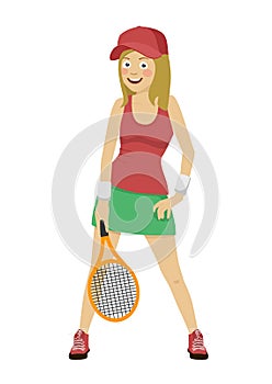 Happy female tennis player posing with a racket isolated over white background