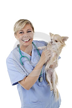 Happy female vet with lap dog