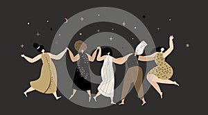 Happy Feminine Party Woman Festival.Women Dancing in Female Circle Together. Ritual dance together.Esoterics Sacred Woman Power.
