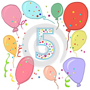 Happy fifth birthday. Colorful balloon greeting card