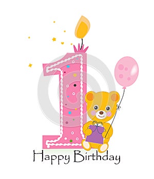 Happy first birthday candle. Baby birthday greeting card with teddy bear vector background