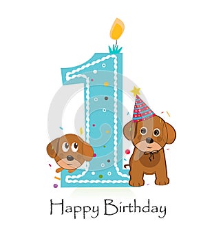 Happy first birthday with cute dogs baby boy greeting card