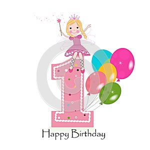 Happy first birthday greeting card with cute fairy tale