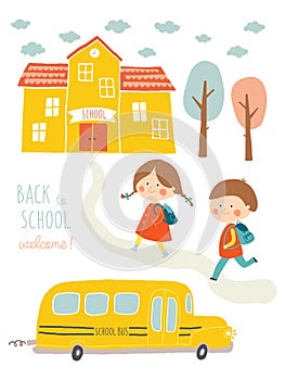 Happy first day of school card design. Kids going to school. Cute boy and girl with school building and school bus