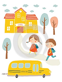 Happy first day of school card design. Kids going to school. Cute boy and girl with school building and school bus