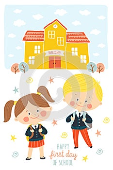 Happy first day of school card design. Kids going to school. Smiling boy and girl in school uniforms with backpacks in