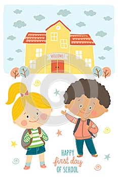 Happy first day of school card design. Kids going to school. Smiling boy and girl in school uniforms with backpacks in