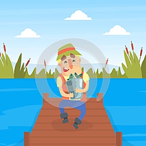 Happy Fisherman Character Standing on Wooden Pier Holding Metal Bucket with Caught Fish Cartoon Vector Illustration