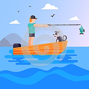 Happy fisherman with dog standing in boat on vector nature cartoon outdoor character hobby illustration. Man with
