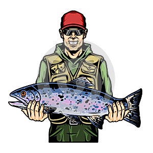 Happy fisherman holding rainbow trout fish