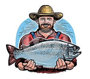 Happy fisherman holds the big fish in his hands. Sport fishing, emblem vector illustration