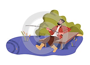 Happy fisherman sits, relaxes on wooden pier, catches fish in pond. Alone fisher holds fishing rod in hands, angling in photo