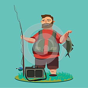 Happy fisherman stands and holds in hand fishing rod with spinning and fish catch, bag with fishman spin and equipment