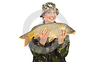 Happy fisherwoman with big fish