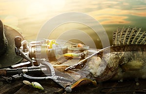 Happy Fishing background; Fishing tackle and trophy zander