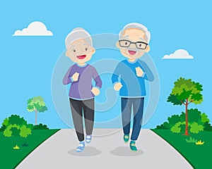 Happy fit senior couple exercising in park.eldery people character runs