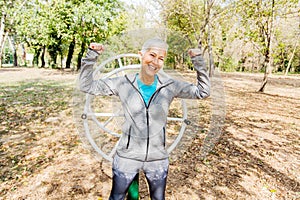 Happy Fit Successful Senior Woman Raised Arms At Outdoor Gym