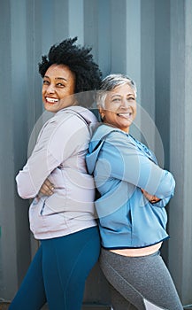 Happy, fitness and portrait of senior women bonding and posing after a workout or exercise together. Happiness, smile