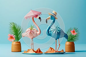 Happy flamingo couple going on vacation travel