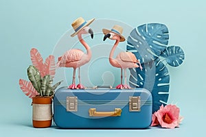 Happy flamingo couple going on vacation travel