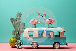 Happy flamingo couple going on vacation travel