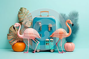 Happy flamingo couple going on vacation travel