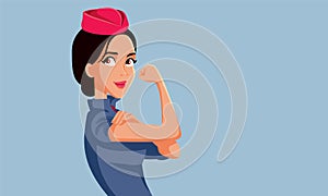 Strong Stewardess Showing Her Flexed Arm Vector Cartoon Illustration