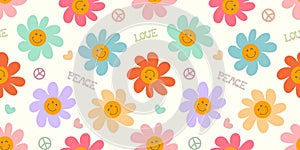 Happy flower face pattern. 70s retro hippie groovy background