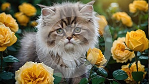 Happy fluffy young beautiful kitten surrounded by fresh yellow flowers, against the backdrop of a soft spring