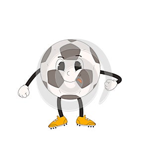 Happy football ball groovy character in boots. Soccer retro mascot. Cartoon sport equipment isolated on white background.