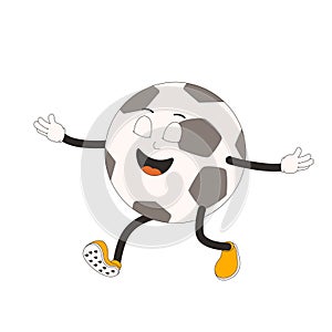 Happy football ball groovy character. Soccer retro mascot. Cartoon sport equipment isolated on white background. Championship game