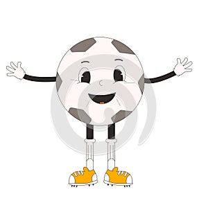 Happy football ball groovy character. Soccer retro mascot. Cartoon sport equipment isolated on white background. Championship game
