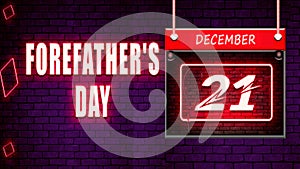 21 December, Forefather& x27;s Day, Neon Text Effect on Bricks Background photo