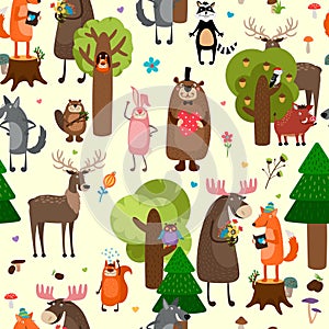 Happy forest animals seamless pattern background